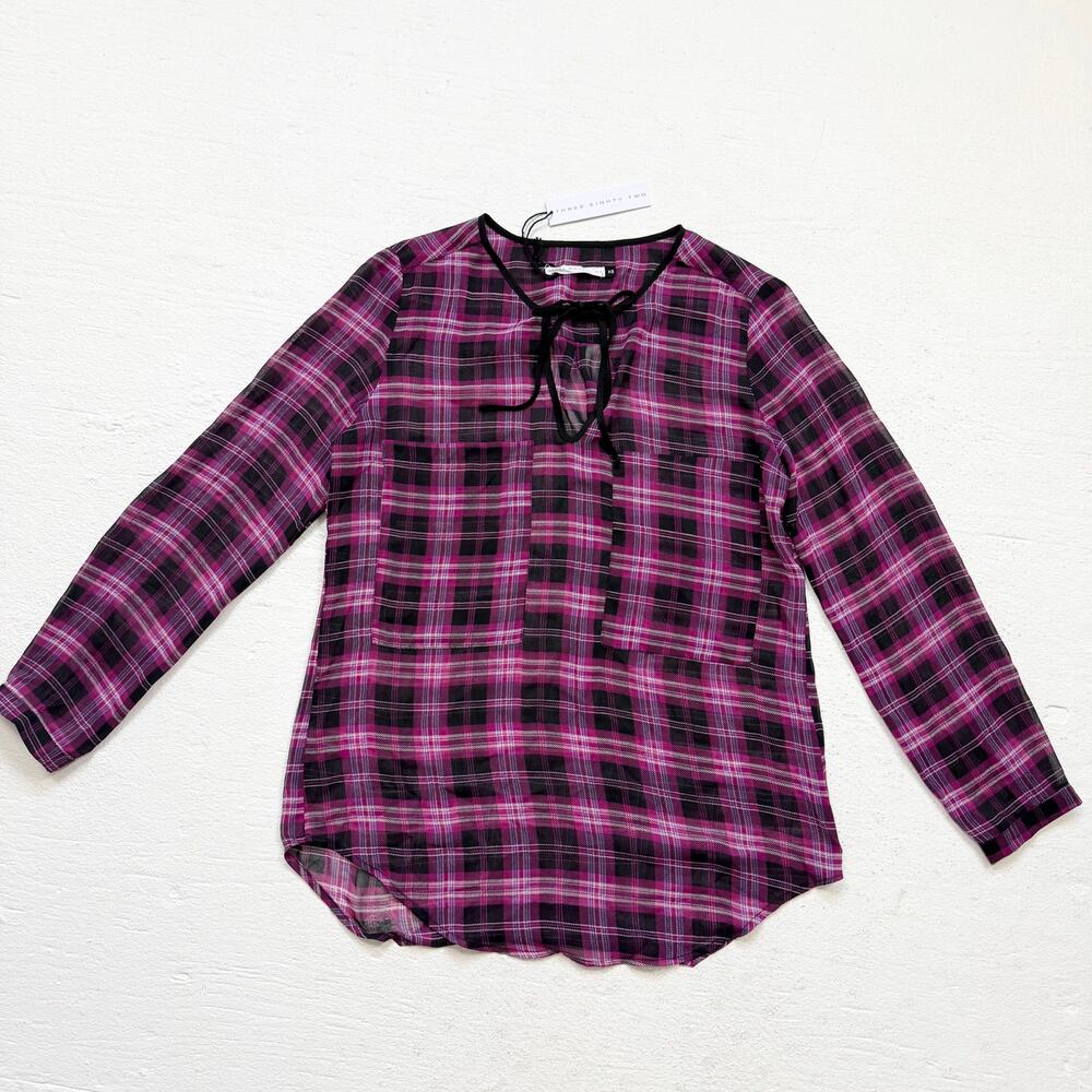 Three Eighty Two Plaid Sheer Tie Front Blouse Size XS NWT Made in USA